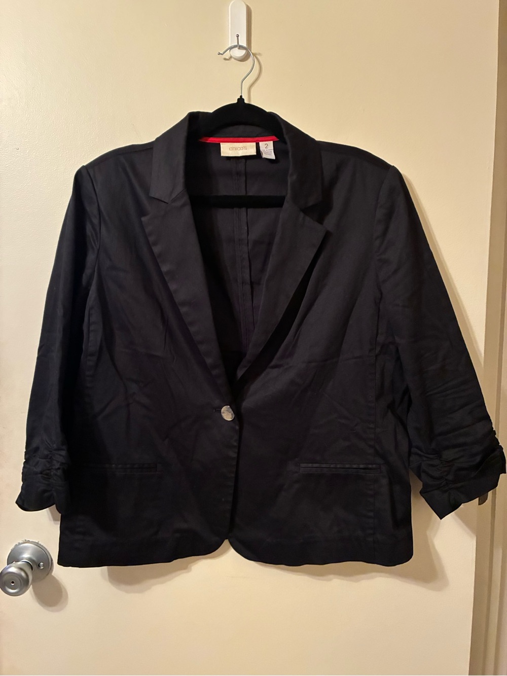 Chico's Black Ruched 3/4 Sleeve Blazer Jacket Office Size 2 (US Large/12) EUC